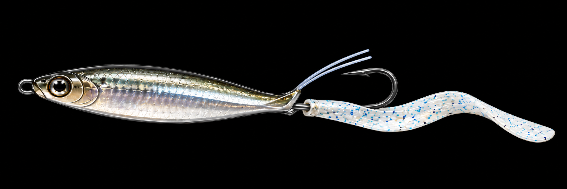 Spoondini spoon-minnow hybrid with a point-up hook, twin bristle guard, and strip trailer