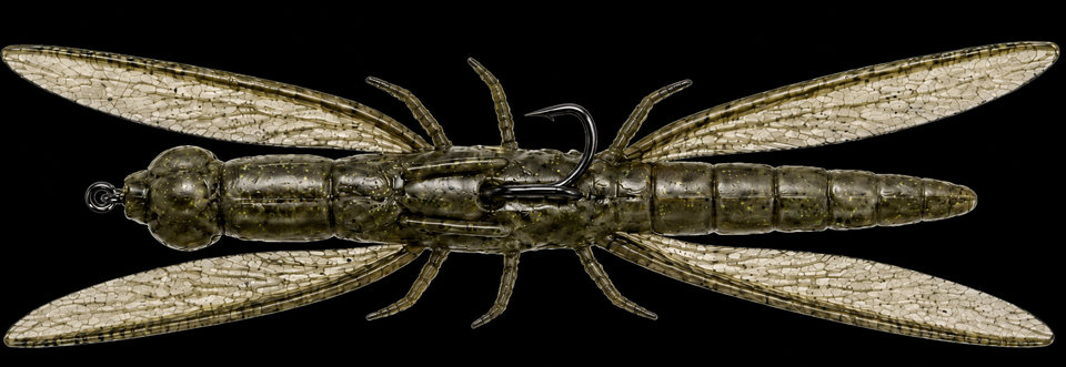 Airstrike dragonfly lure with broad wings and segmented body