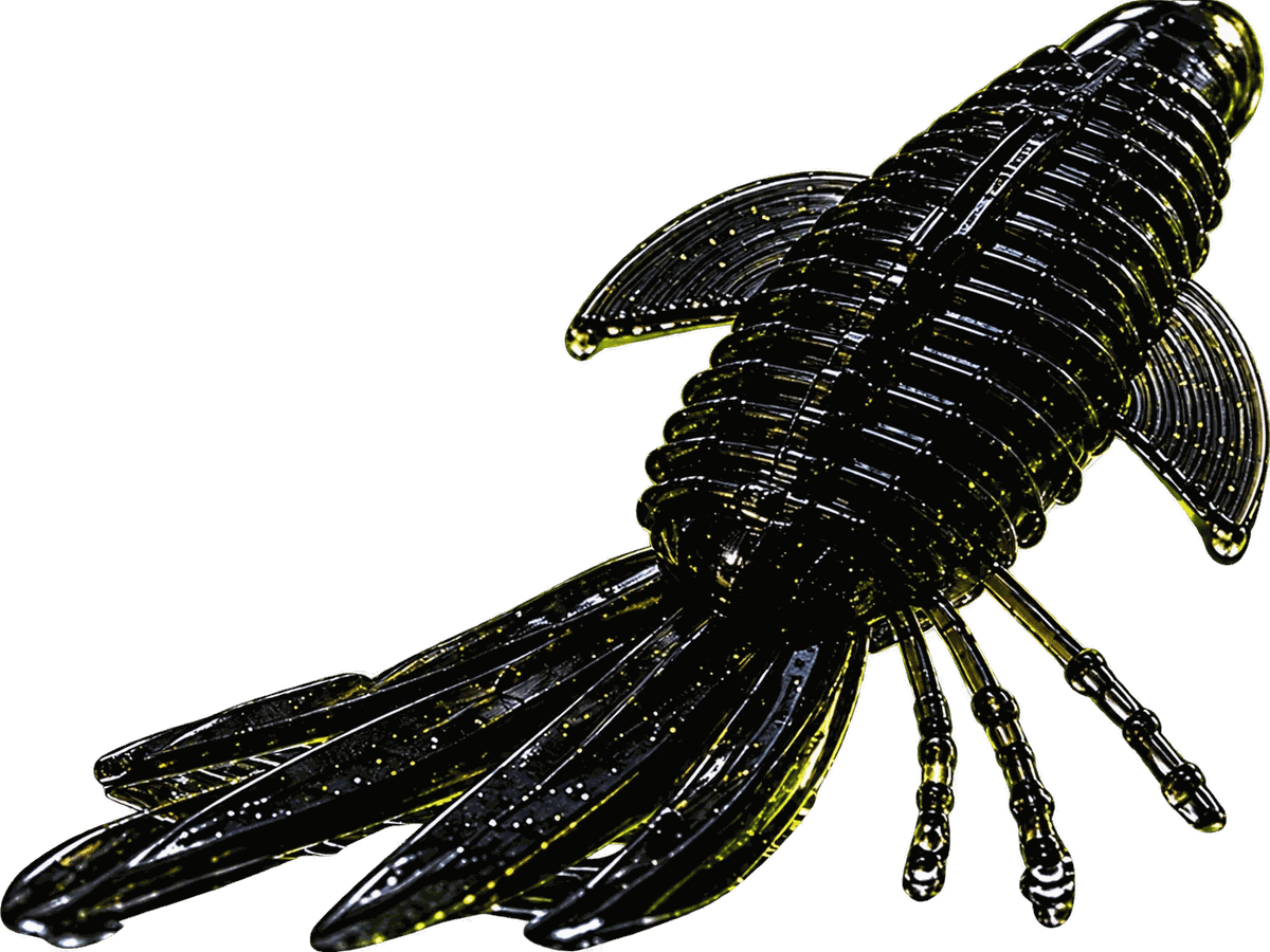Cleaned photograph of a glossy black Pad Bug prototype showing its ribbed body, swept-back fins, and trailing appendages